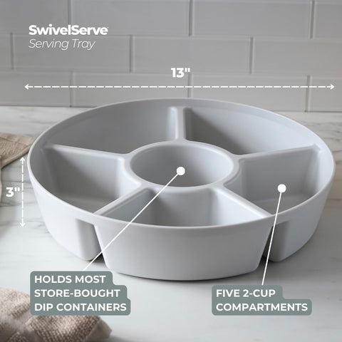 SwivelServe six-compartment tray shows organized snacking options and dips.