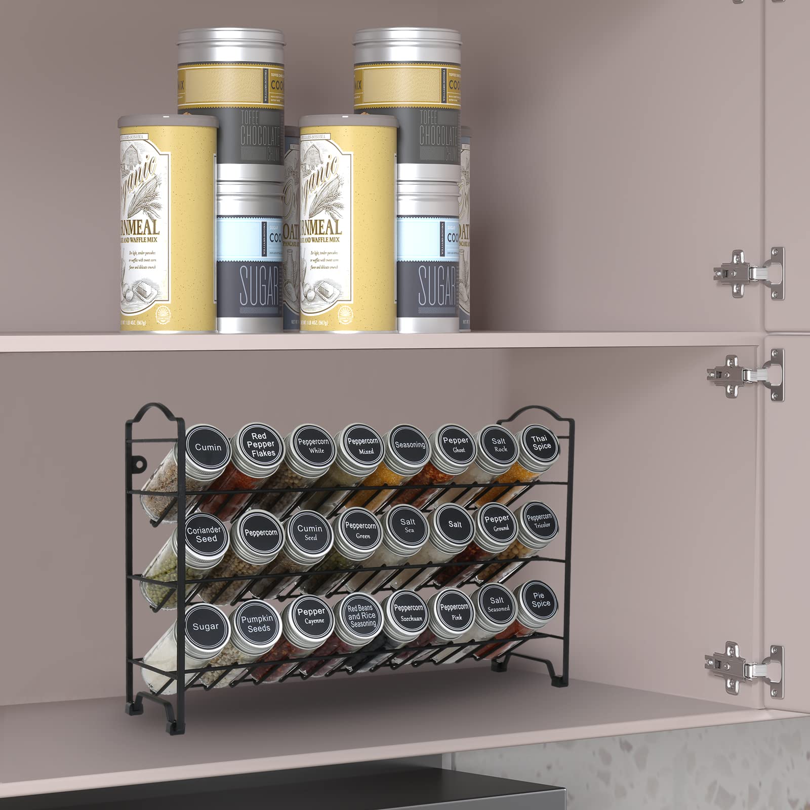 SWOMMOLY 24 round spice jars provide ample storage and easy labeling.