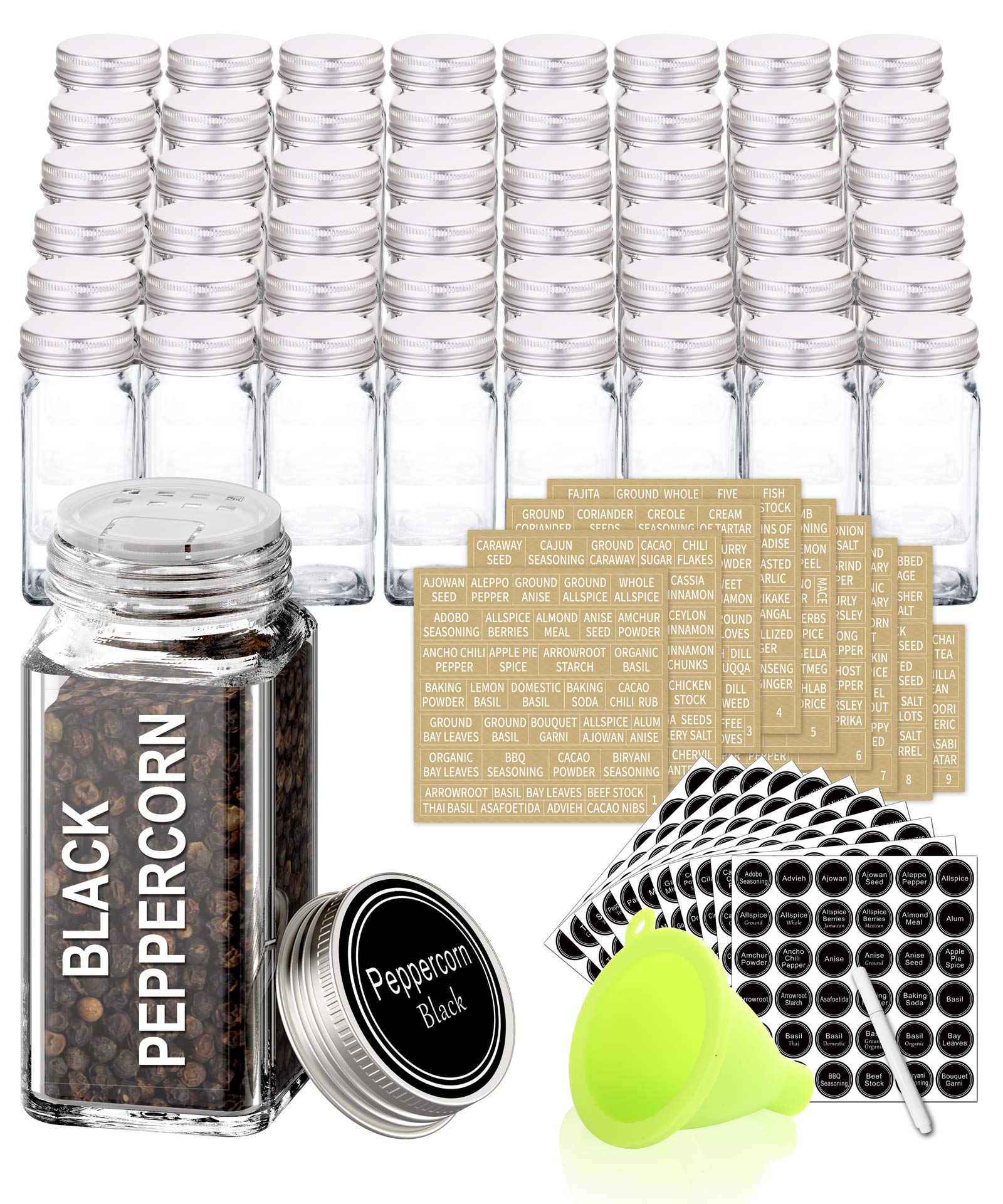 SWOMMOLY 48 glass spice jars with airtight lids for freshness.