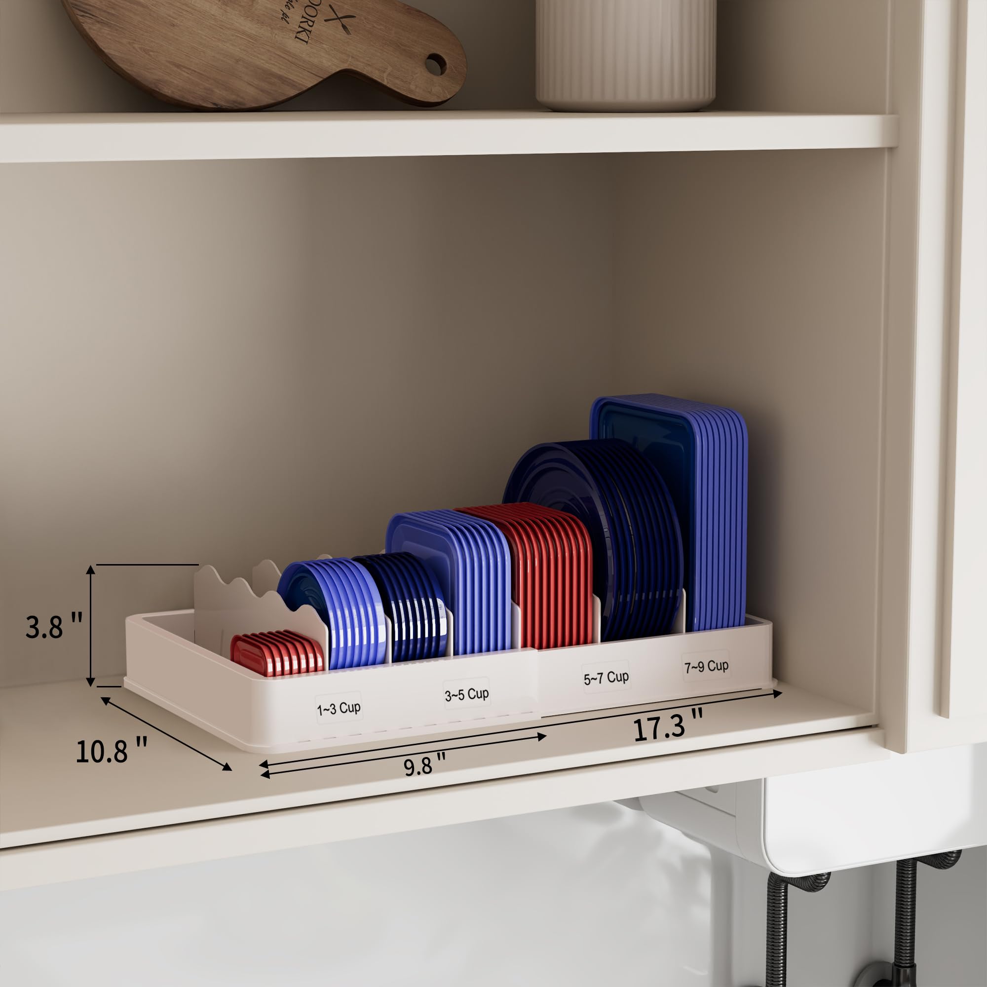 SWOMMOLY expandable-lid-organizer-with-dividers keeps lids organized by size and type.