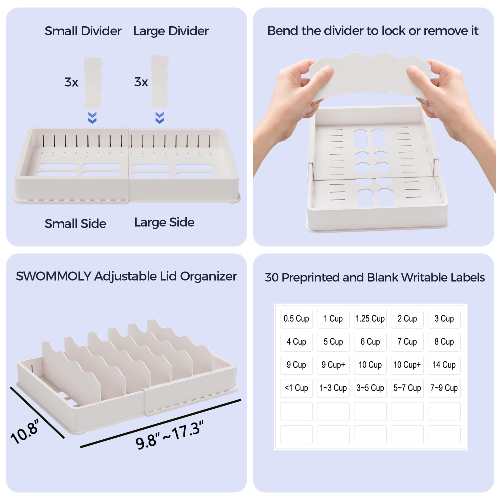 SWOMMOLY lid organizer fits most cabinets and deep drawers for better space use.