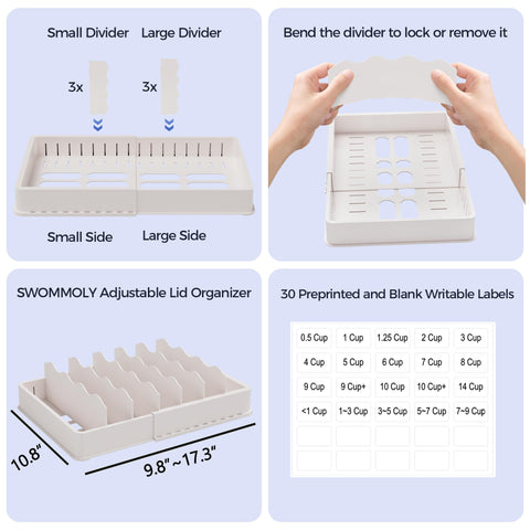 SWOMMOLY lid organizer fits most cabinets and deep drawers for better space use.