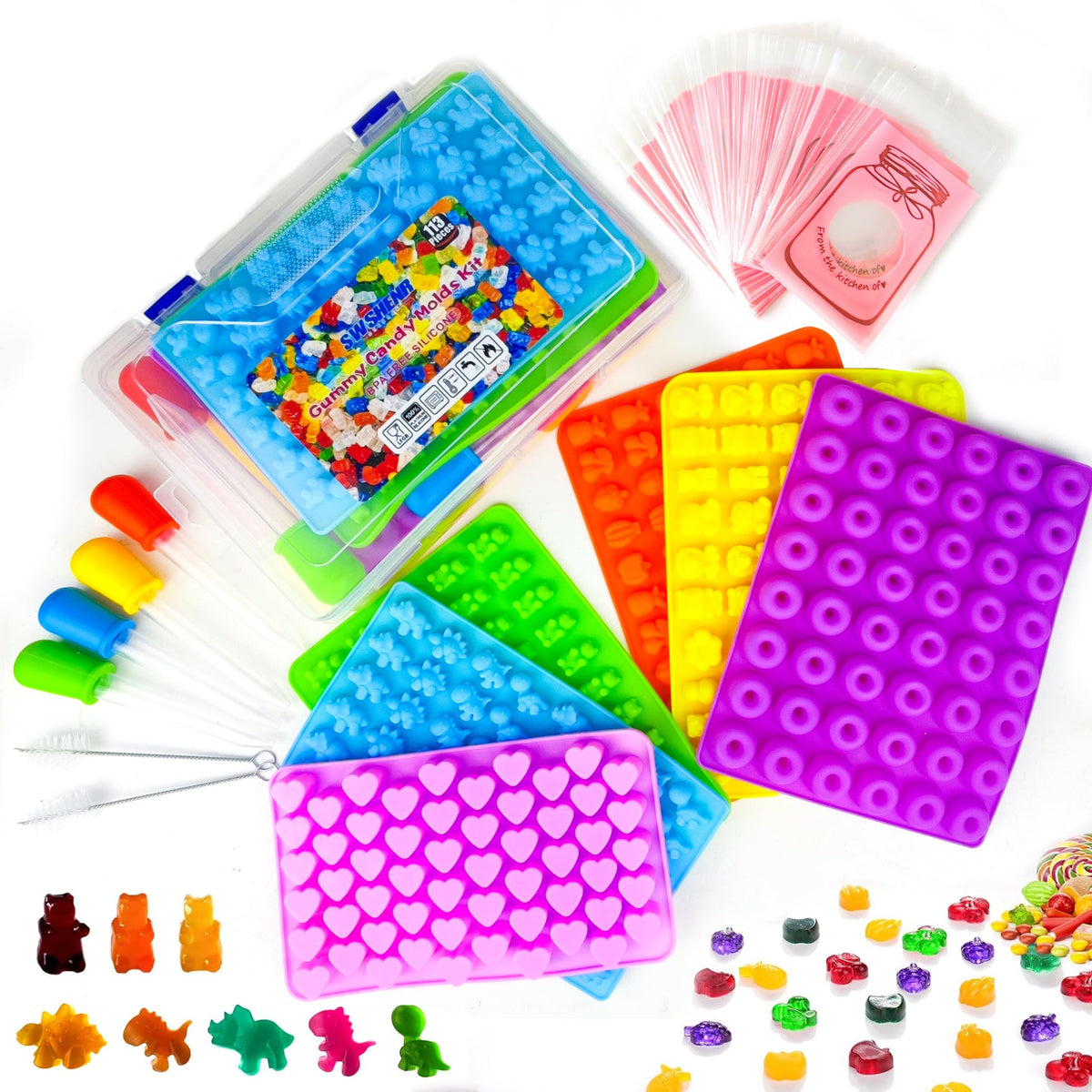 SWSHENR 112-piece gummy mold set with dinosaur, donut and fruit shapes for fun treats