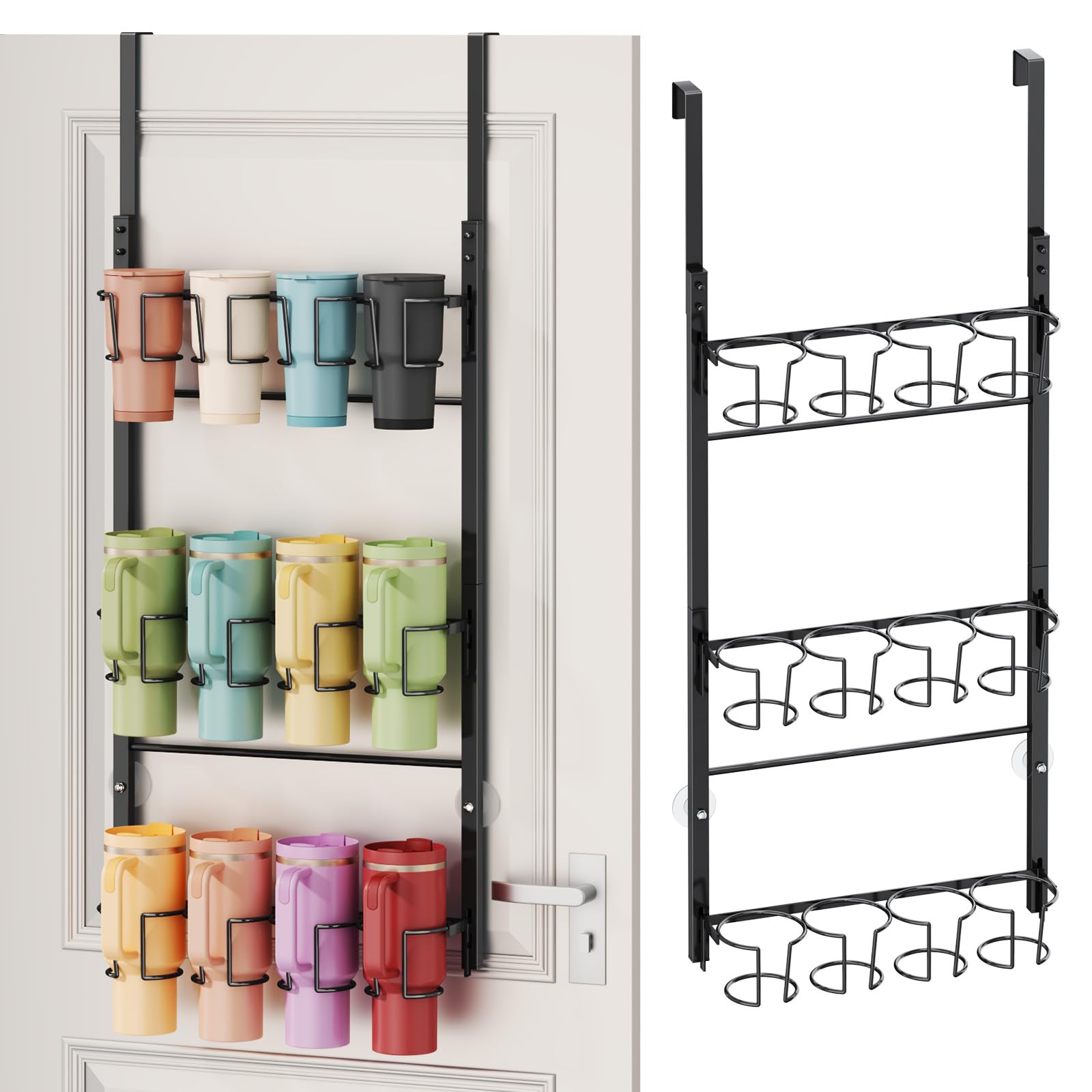 SWTYMIKI 3-tier over-the-door organizer keeps Stanley cups neatly arranged and accessible.