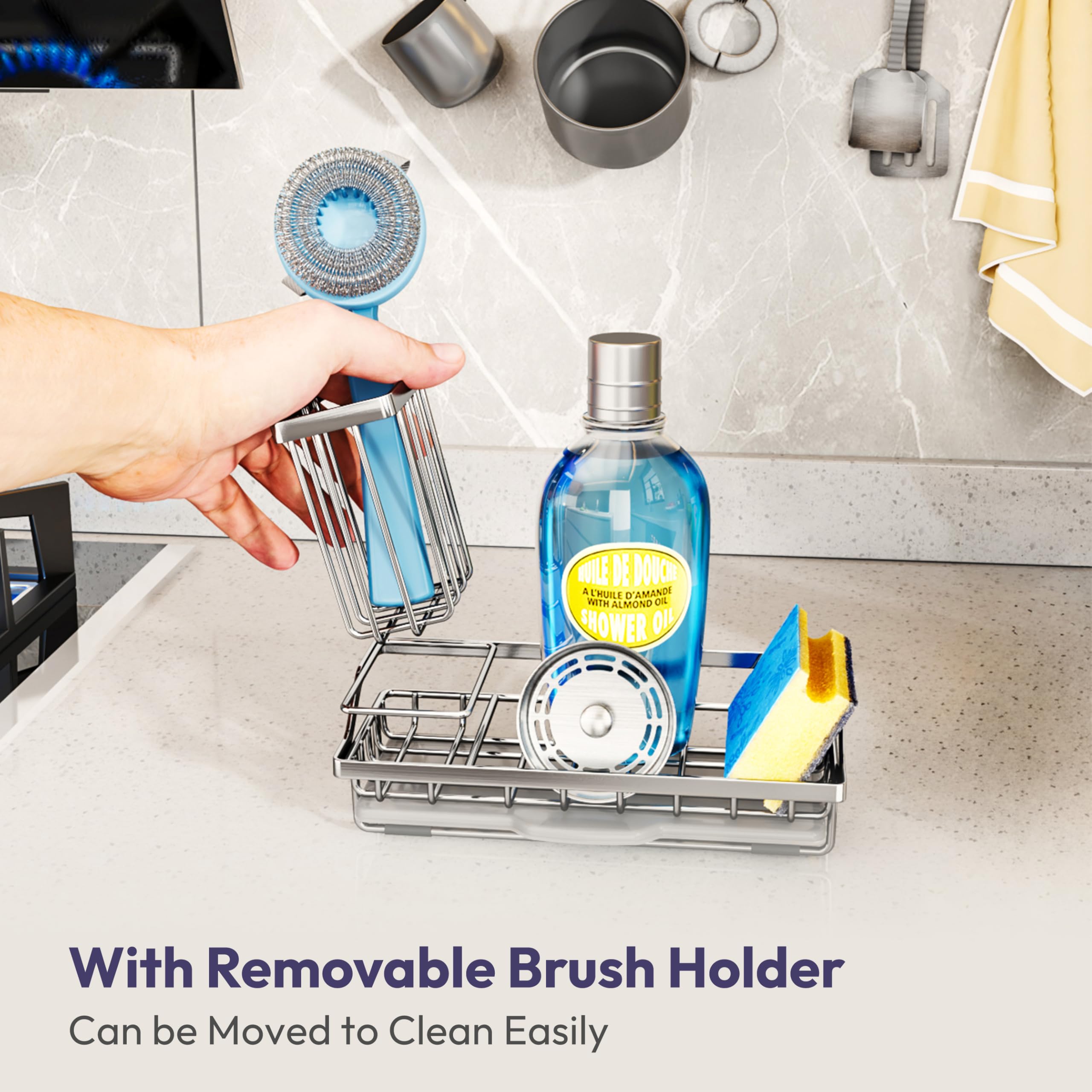 SWTYMIKI brush holder keeps dish brushes neatly stored near the sink.