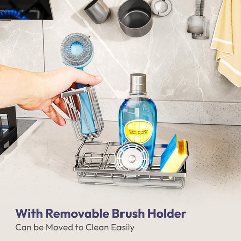 SWTYMIKI brush holder keeps dish brushes neatly stored near the sink.