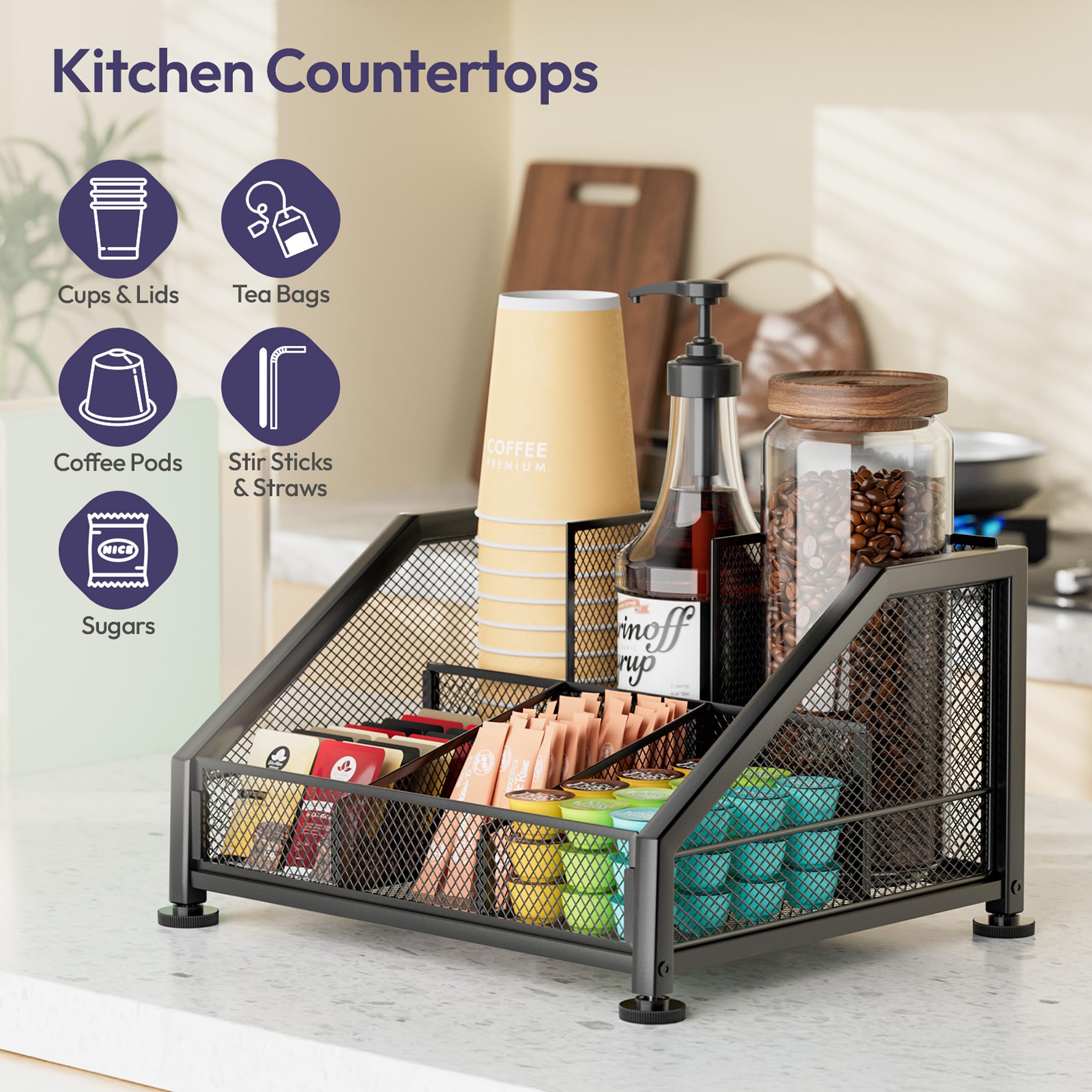 SWTYMIKI adjustable compartments adapt to syrups, tea bags, and utensils.