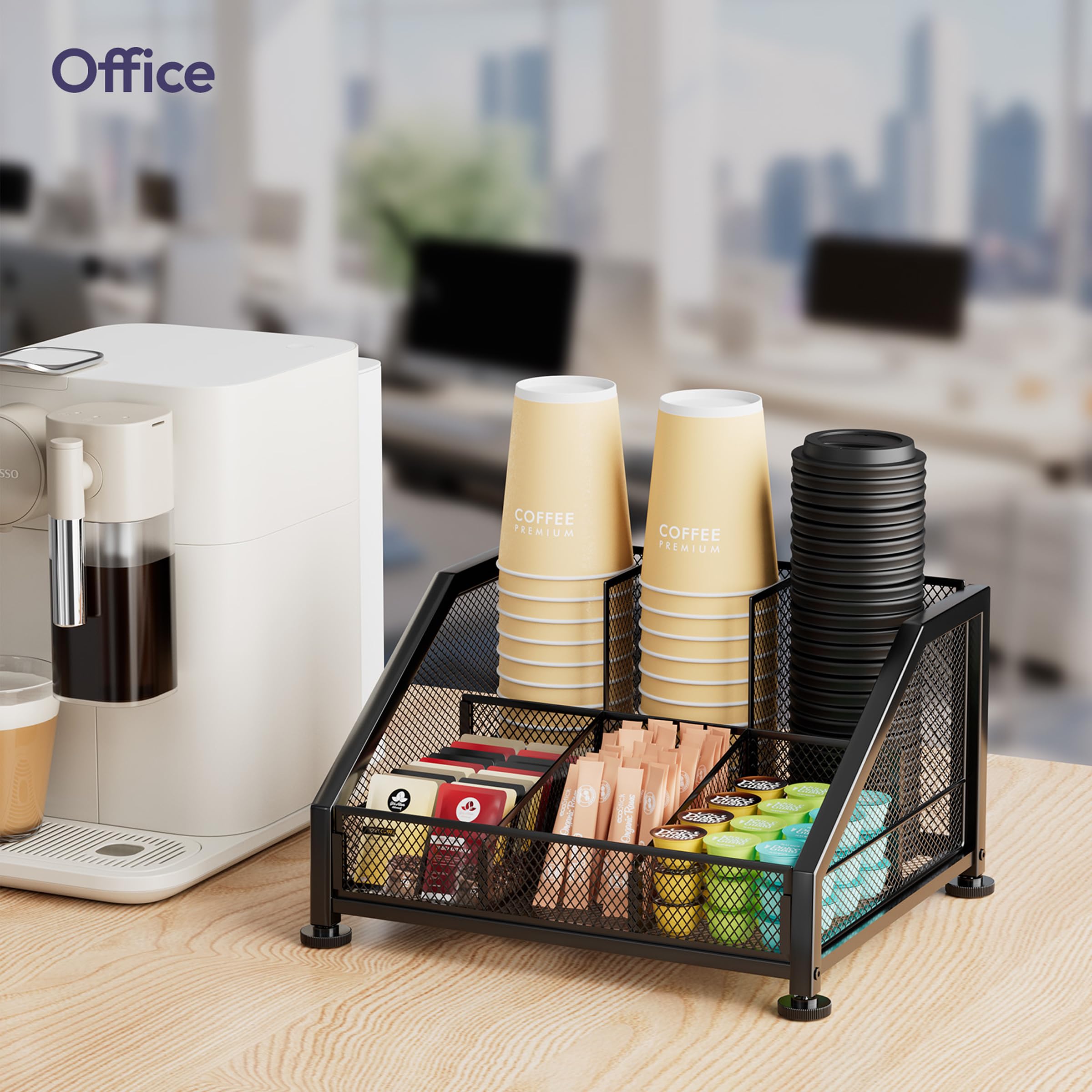 SWTYMIKI tiered shelves maximize counter space for pods and mugs.