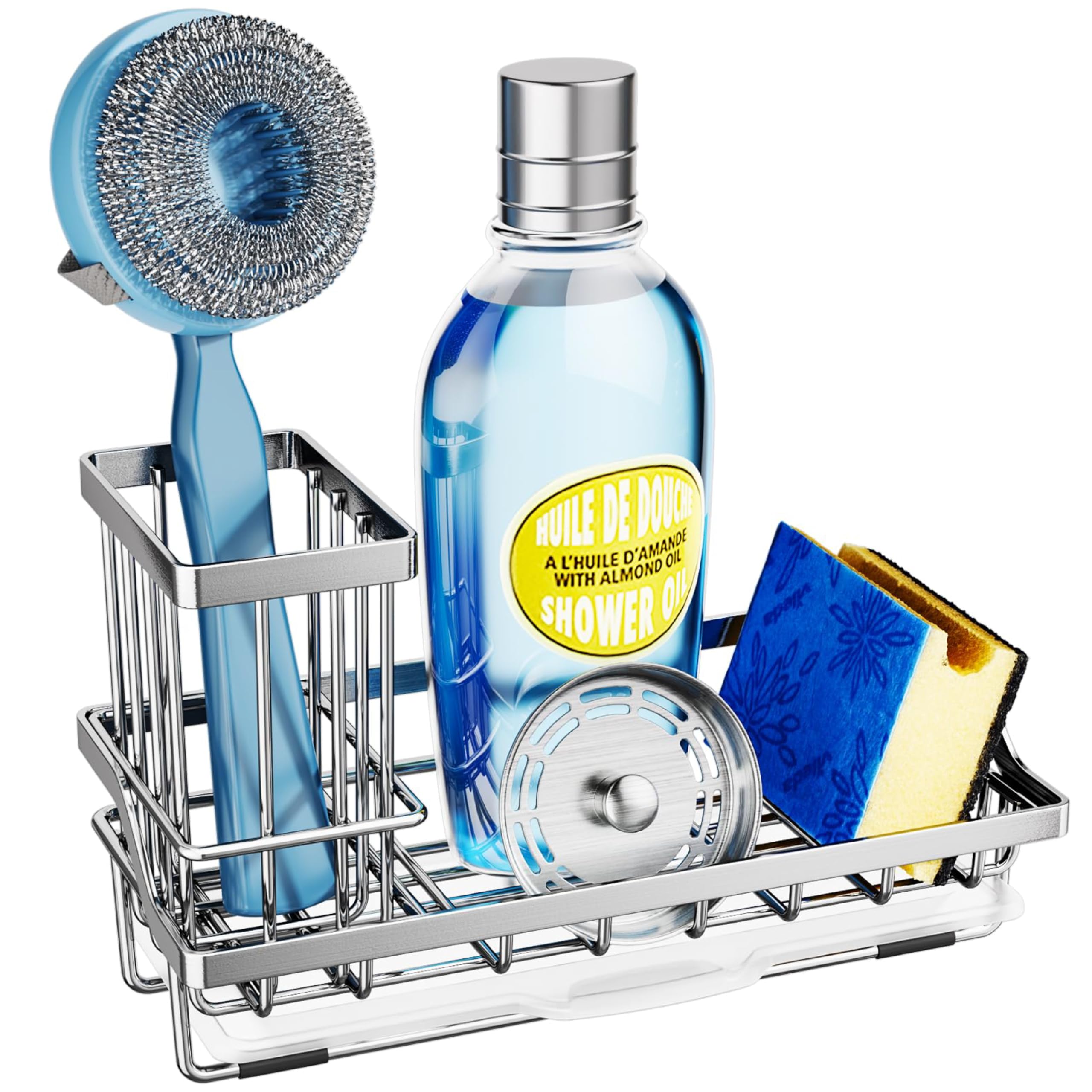 SWTYMIKI kitchen sink caddy keeps sponges organized and drains excess water for a cleaner counter.