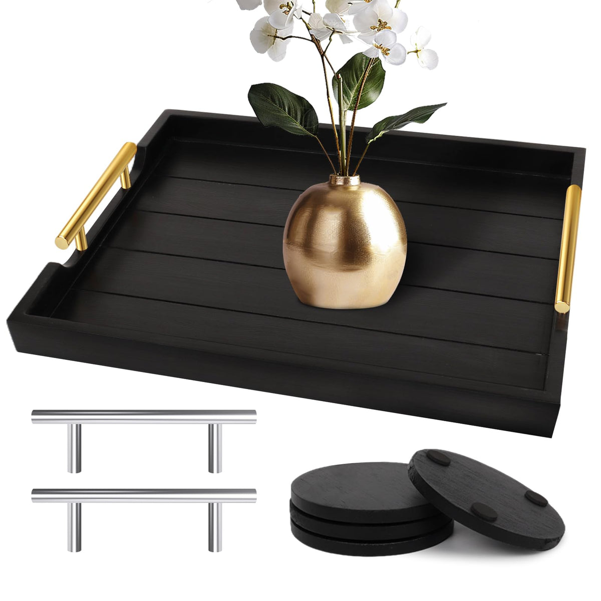 SXNOWS coffee table tray in black wood with two handles for easy serving