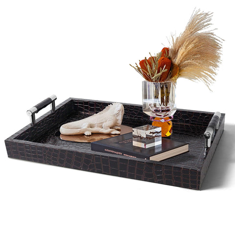 SXNOWS faux leather rectangle serving tray with handles, ideal for ottoman serving