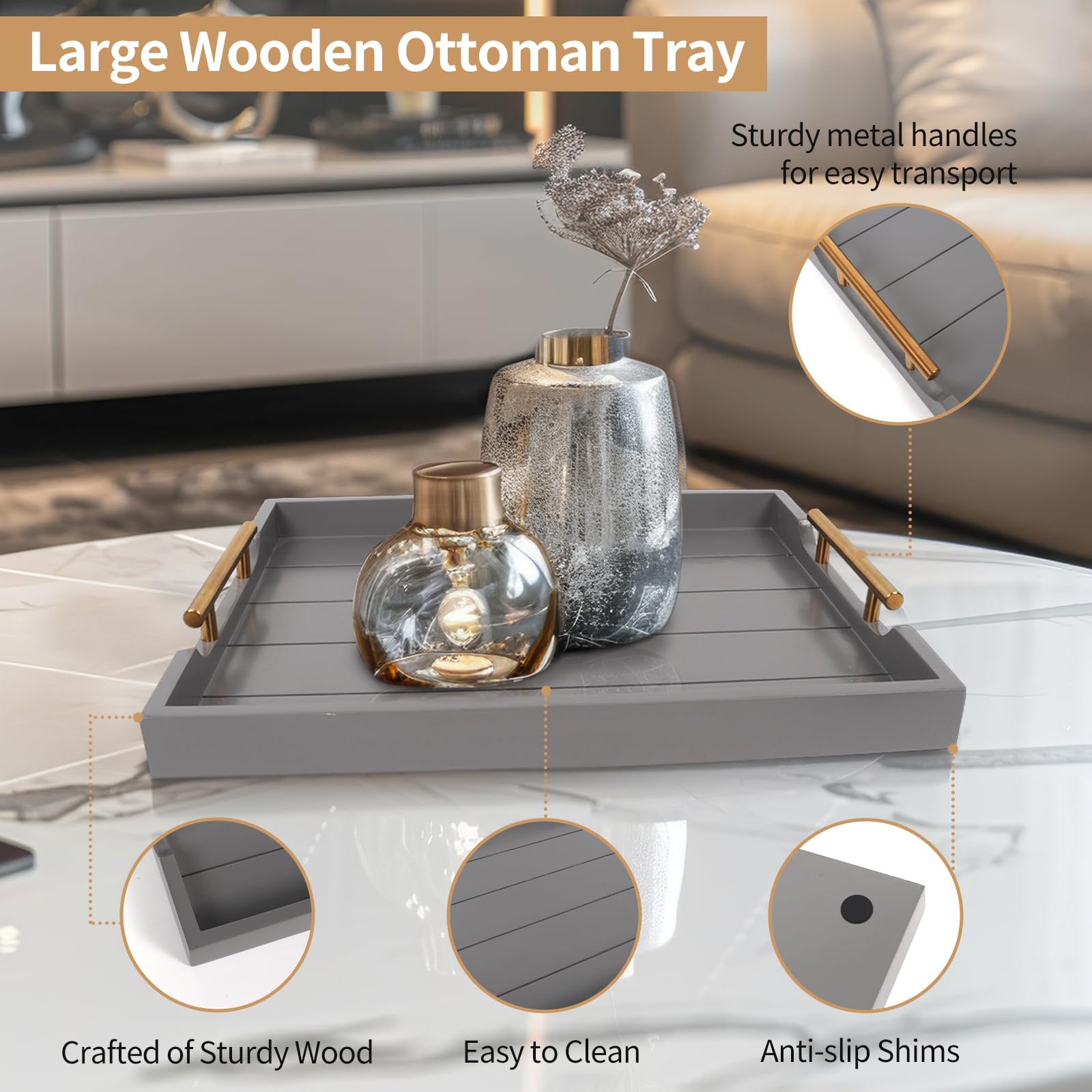 SXNOWS wooden ottoman tray gray with double handles for versatility.