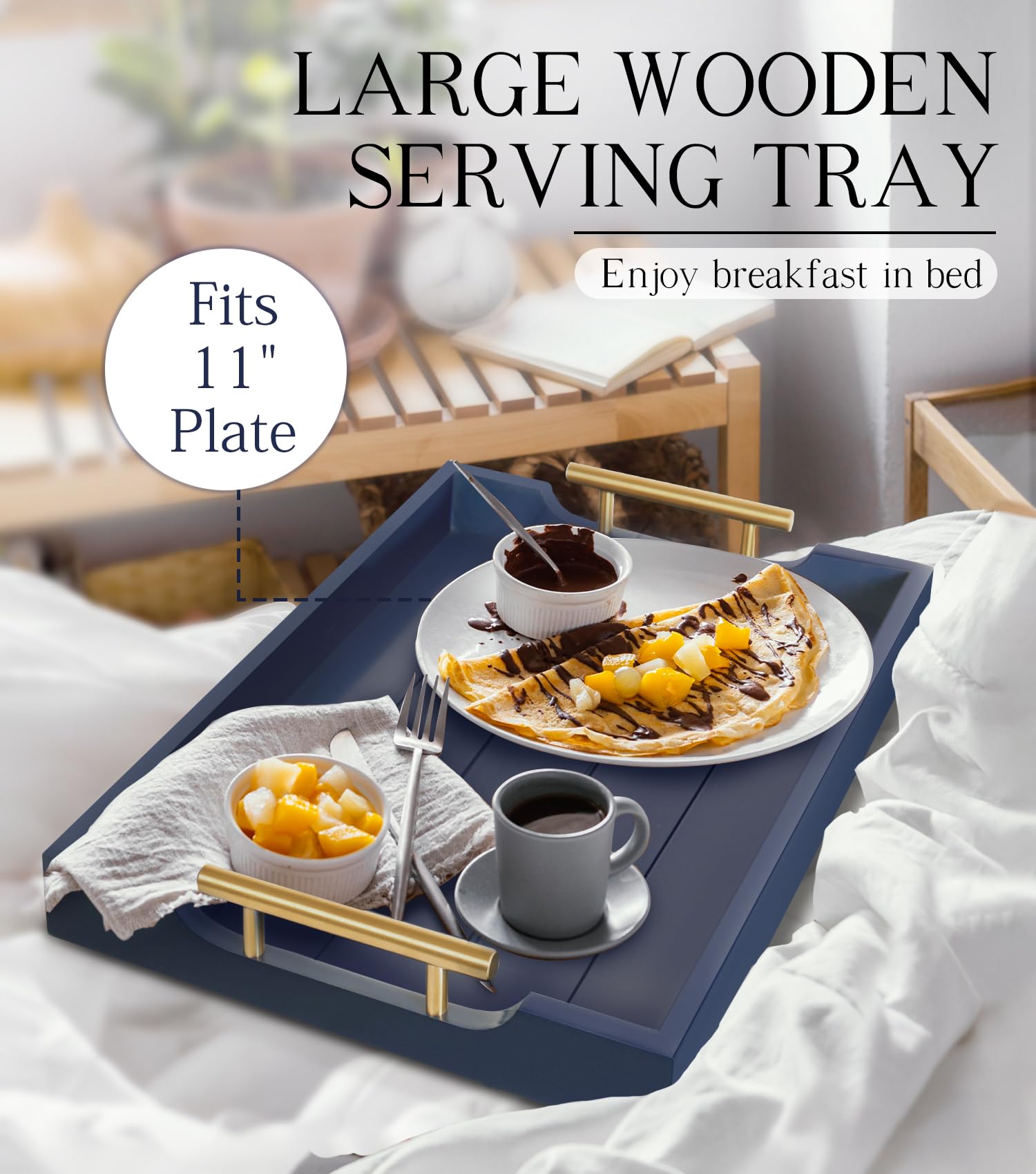 SXNOWS wooden serving tray on a side table for easy meals.
