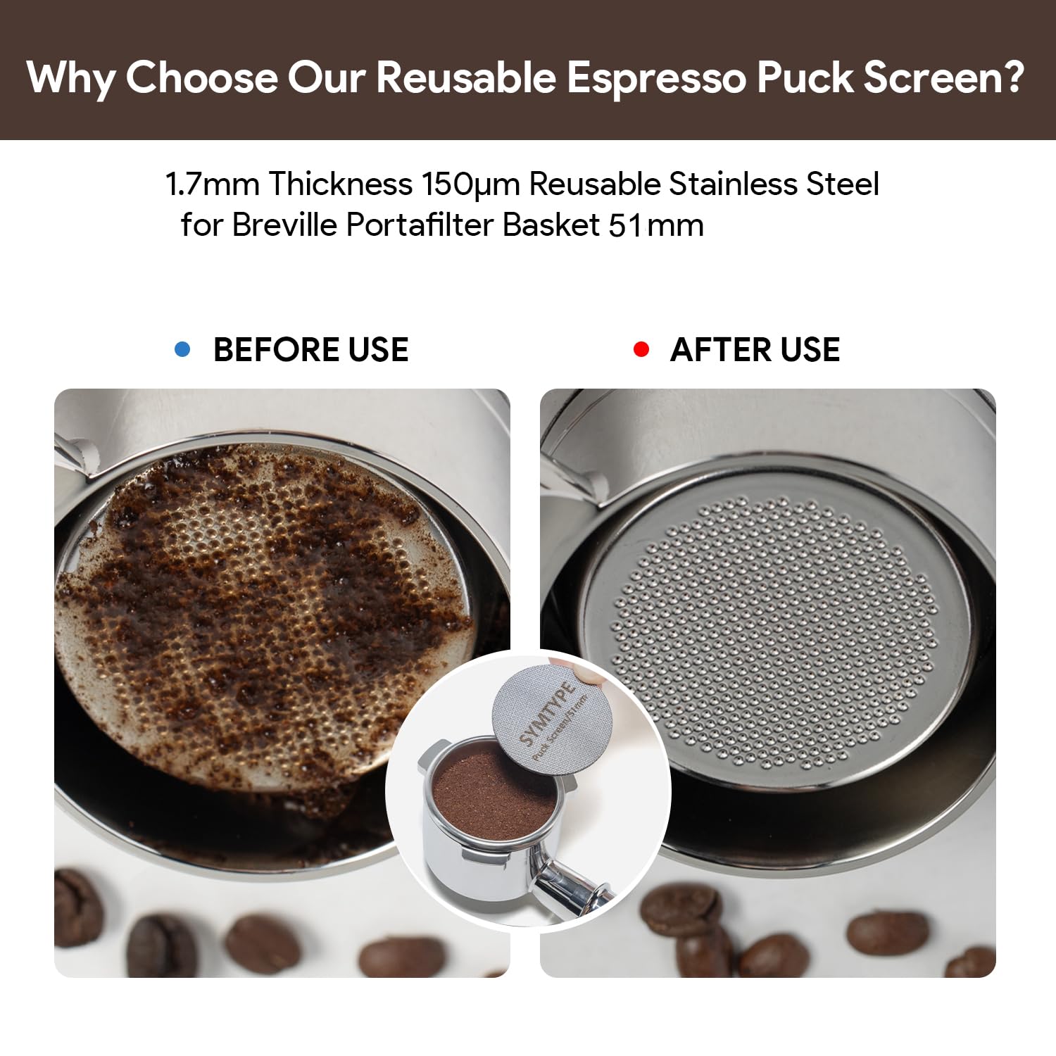 Symtype 51mm puck screen close-up prevents clumping and spills.