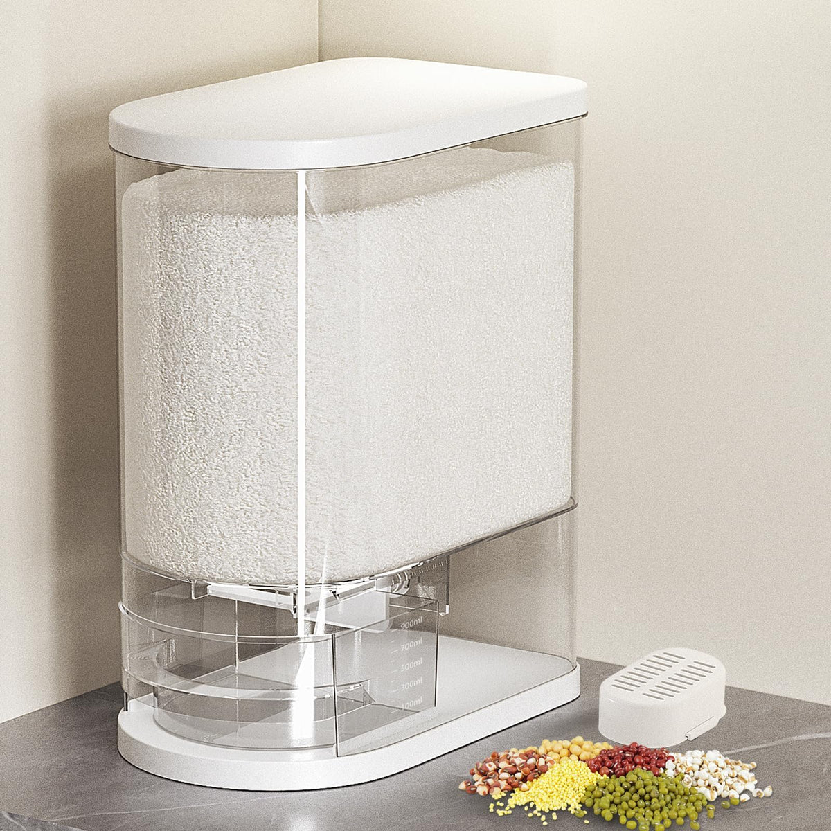 SYNCVIBE Large Rice Dispenser with embedded sealed lid protects freshness.