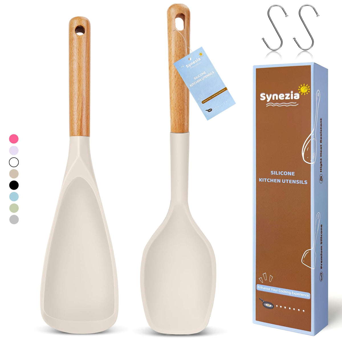 Synezia large silicone cooking spoons set with wide scoop for sauces and soups