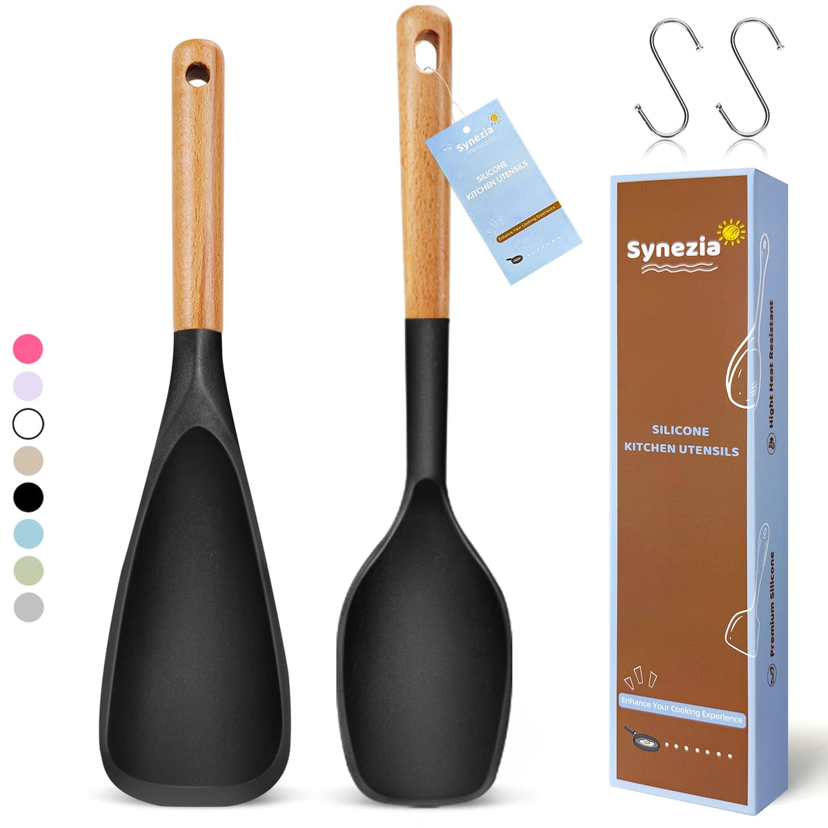 Synezia large silicone cooking spoons set for heat-resistant scooping and scraping