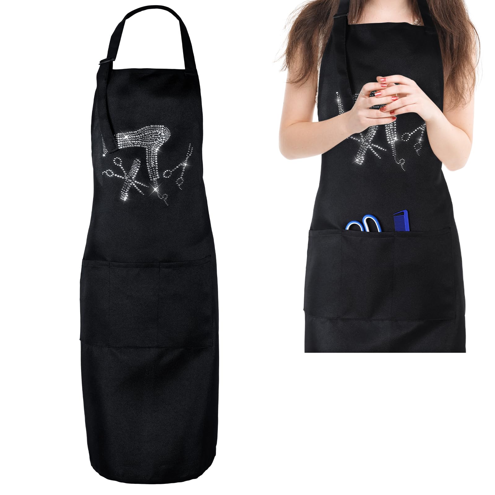 SynHHergyx hair stylist apron with rhinestones adds flair while keeping essential tools handy.
