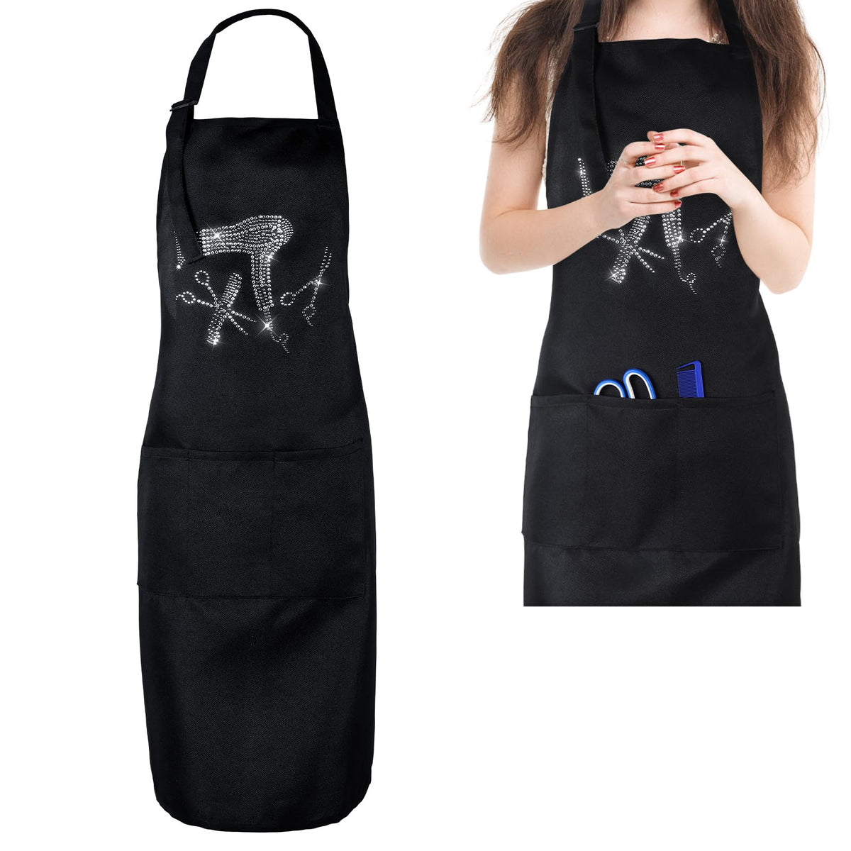 SynHHergyx hair stylist apron with rhinestones adds flair while keeping essential tools handy.