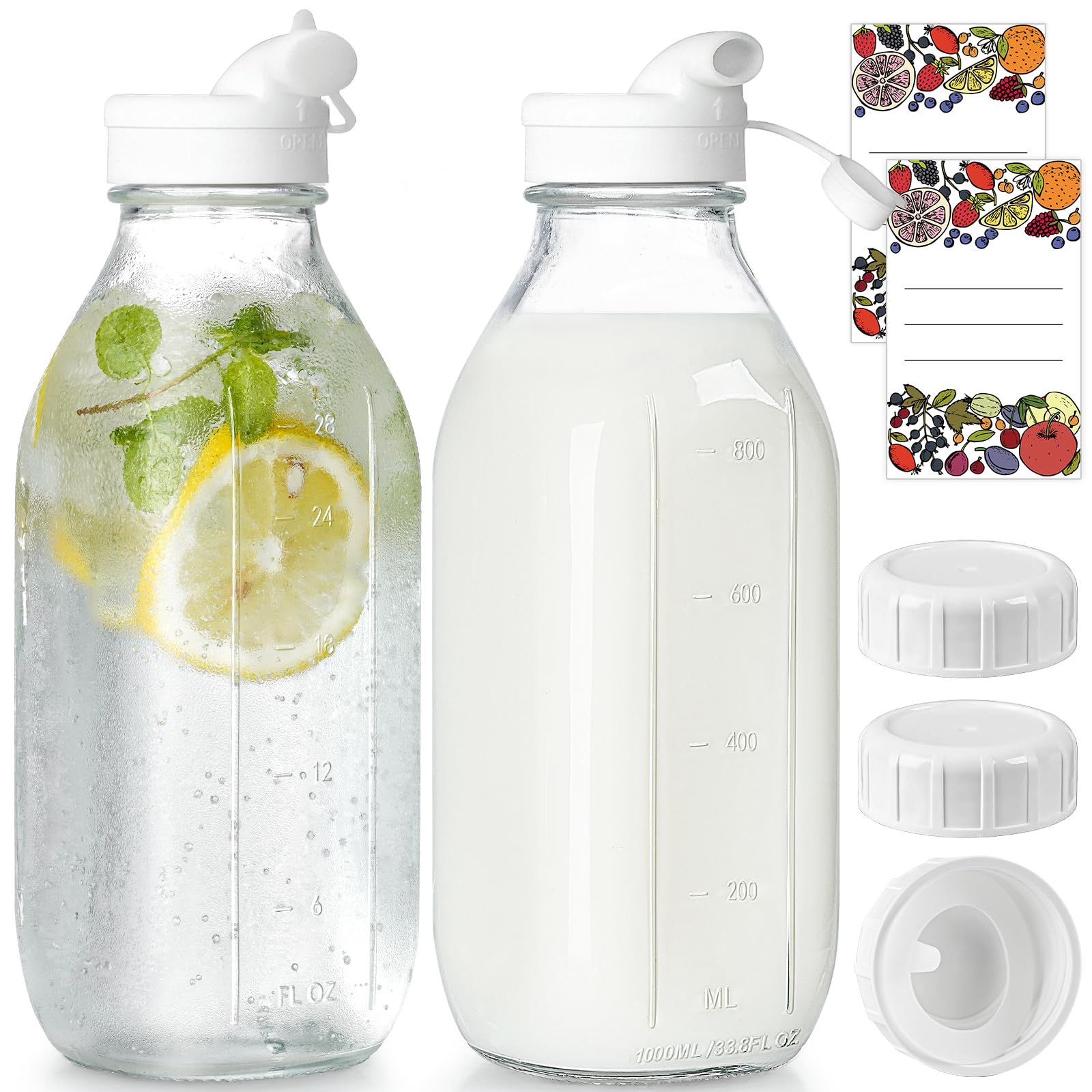 Syntic 2-pack glass milk bottle 32oz with clear body for easy content monitoring.