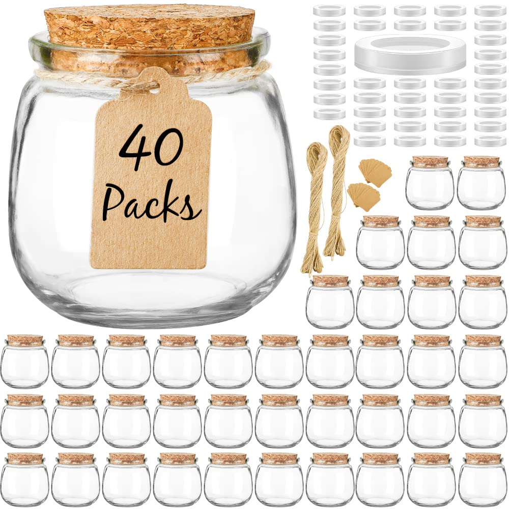 Syntic 40-pack glass jars with cork lids for stylish wedding favors.