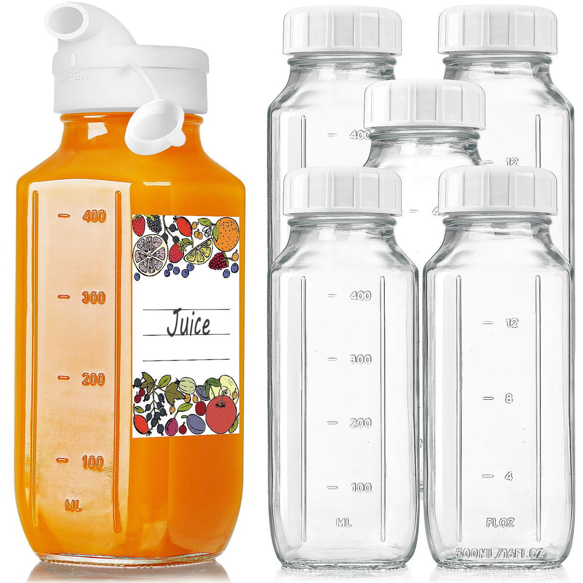 Syntic 6-pack juice bottles with pour spout for mess-free serving