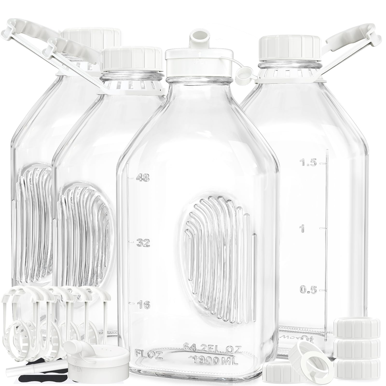 Syntic glass bottle with handle for easy pouring and storage.