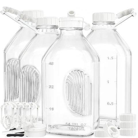 Syntic glass bottle with handle for easy pouring and storage.
