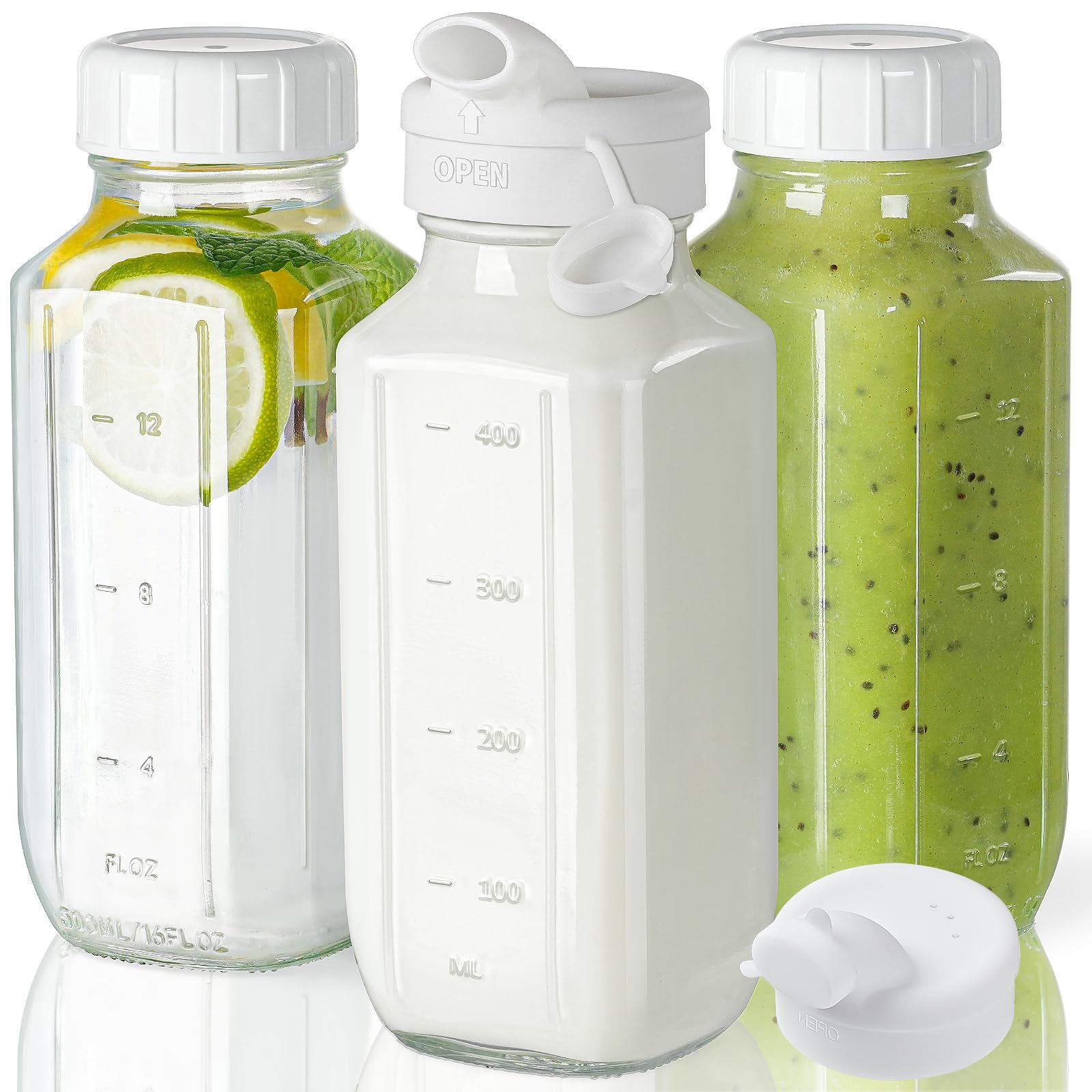 Syntic glass juice bottle with lid, 16oz, 3-pack for leak-free transport.