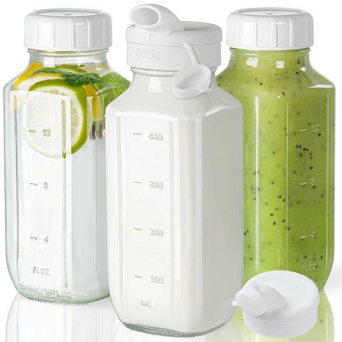 Syntic glass juice bottle with lid, 16oz, 3-pack for leak-free transport.