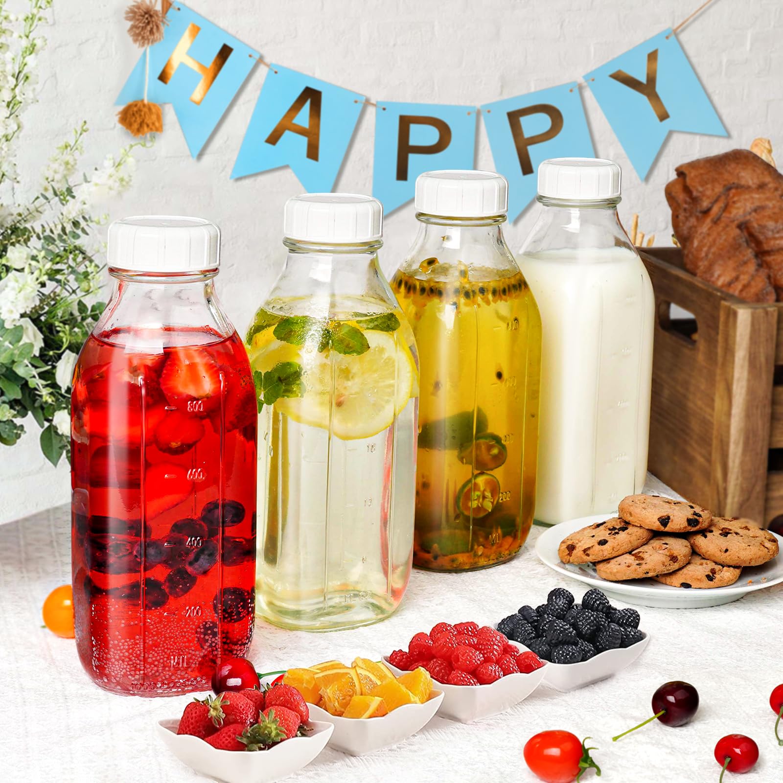 Syntic versatile glass jars suitable for milk, juice, syrup, or nut milk.
