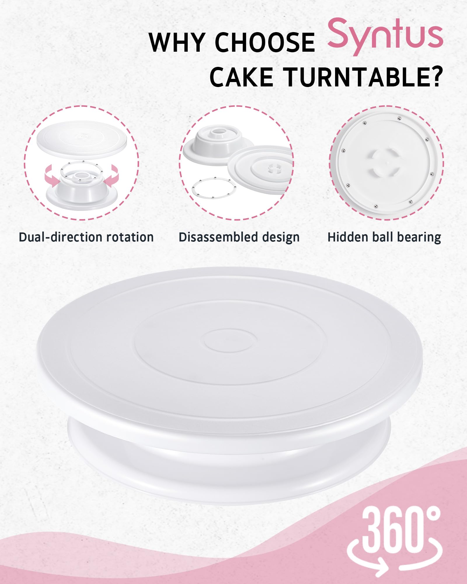 Syntus 11-inch revolving turntable for smooth, precise cake decorating.