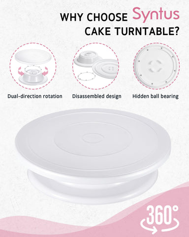 Syntus 11-inch revolving turntable for smooth, precise cake decorating.