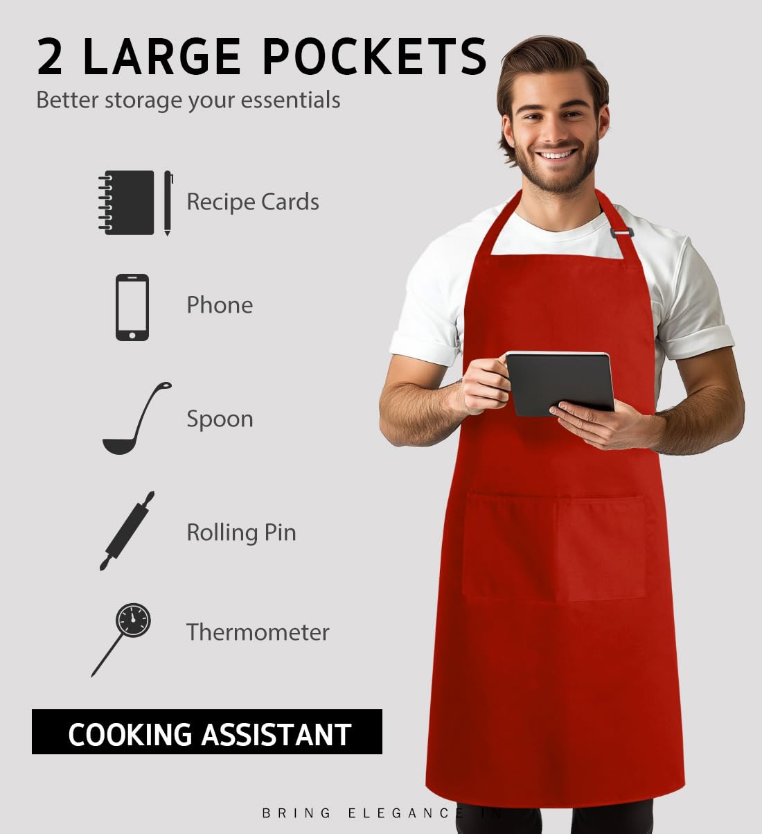 Syntus adjustable-length red apron for customized fit across cooks.