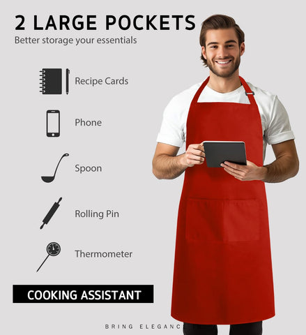 Syntus adjustable-length red apron for customized fit across cooks.