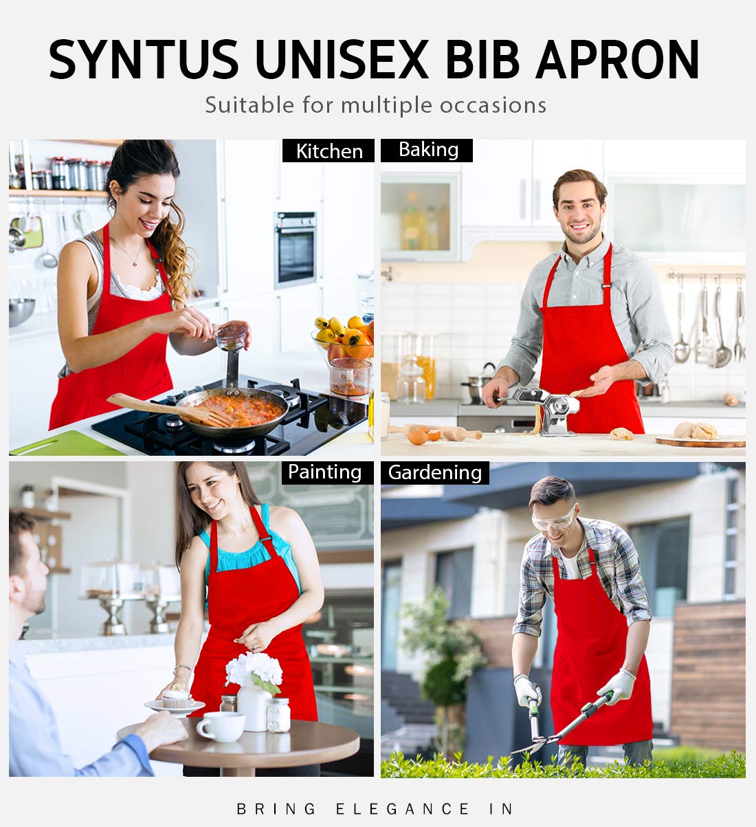 Syntus red apron with heat-safety note to keep away from flame.