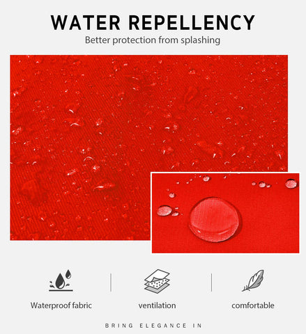 Syntus wide-coverage red apron protecting clothes during busy kitchen tasks.