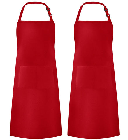 Syntus bib apron with adjustable neck in red, two-pack, comfortable fit for cooking.