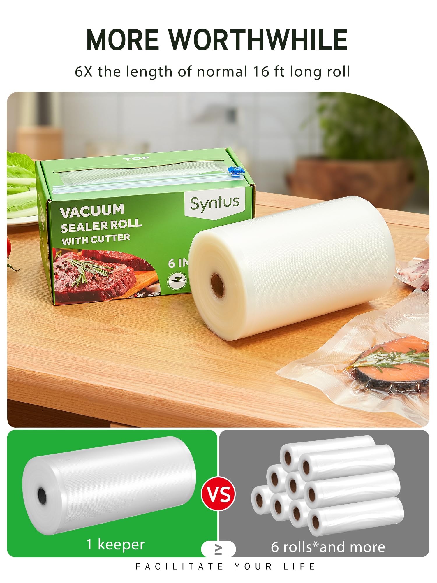 Syntus BPA-free vacuum bags suitable for fridge and freezer storage.