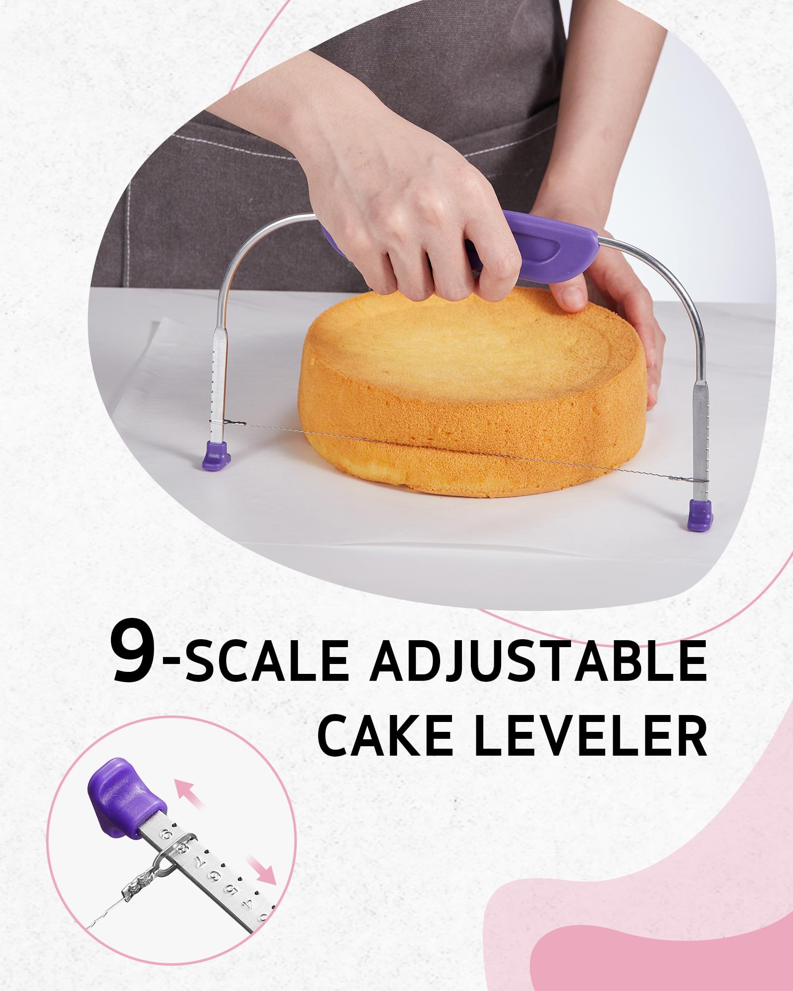 Syntus cake leveler to create flat, even cake layers.