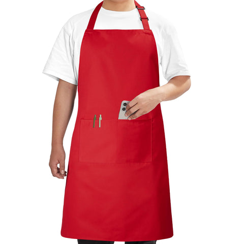 Syntus chef apron red full coverage protects clothing during cooking.