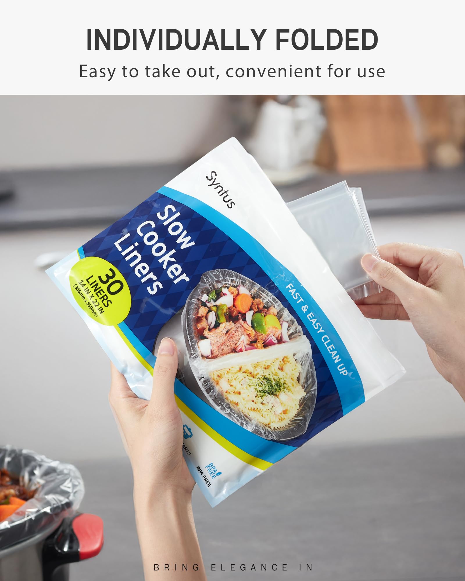 Syntus easy-cleanup liners simplify post-cook cleanup and disposal.