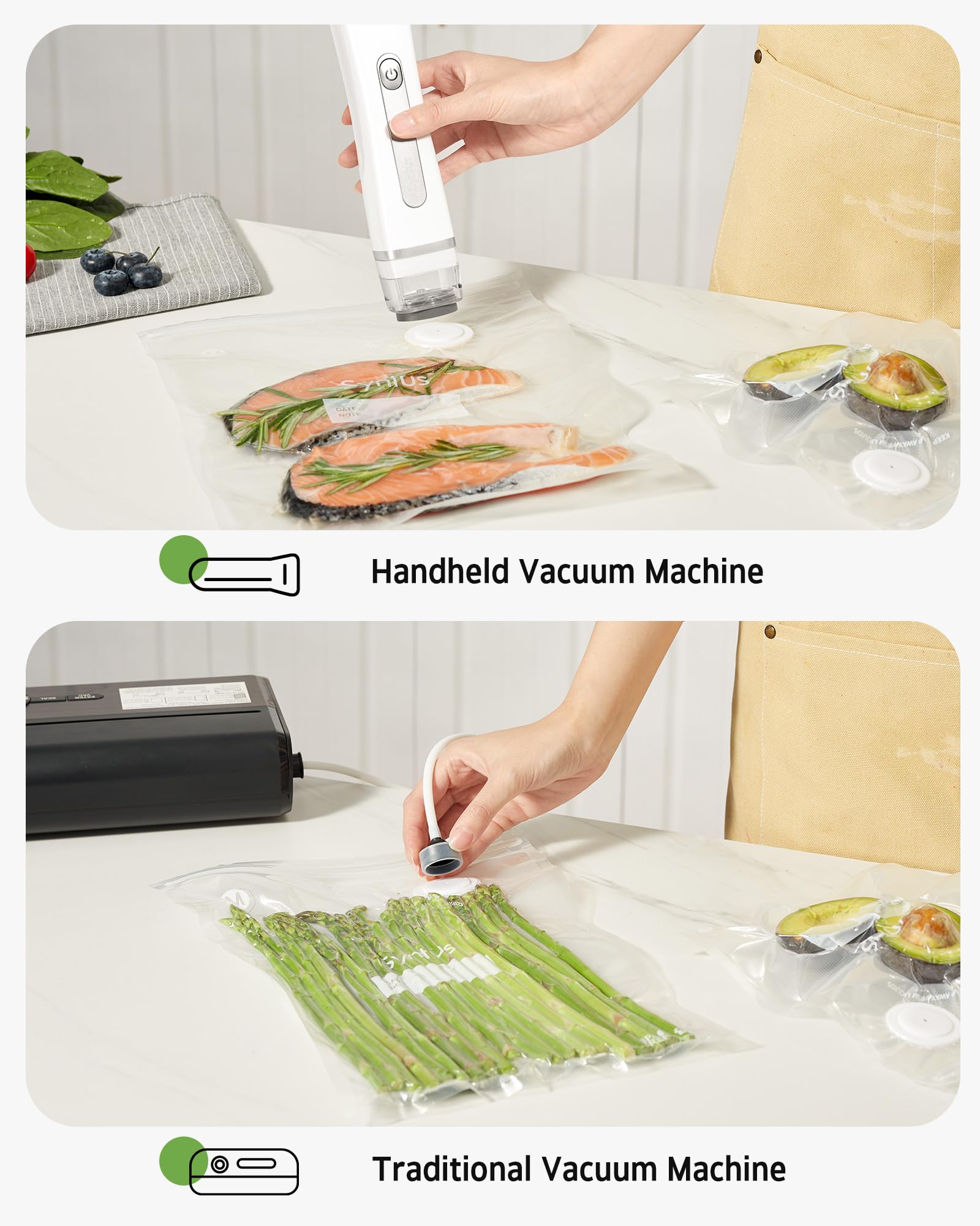Syntus freezer-safe bags protecting vegetables from freezer burn.
