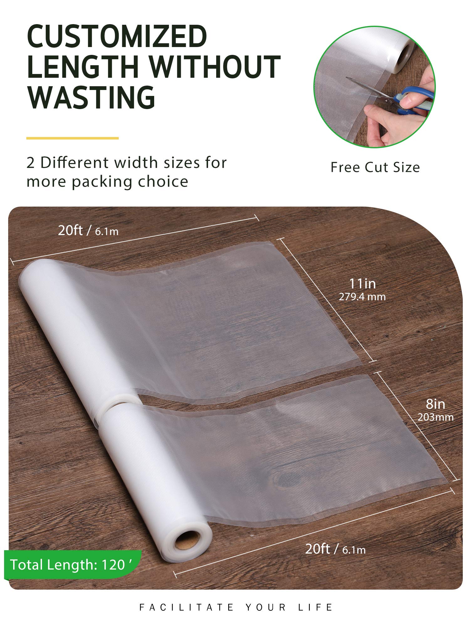 Syntus vacuum sealer bags 8x20' roll close-up showing sturdy construction.