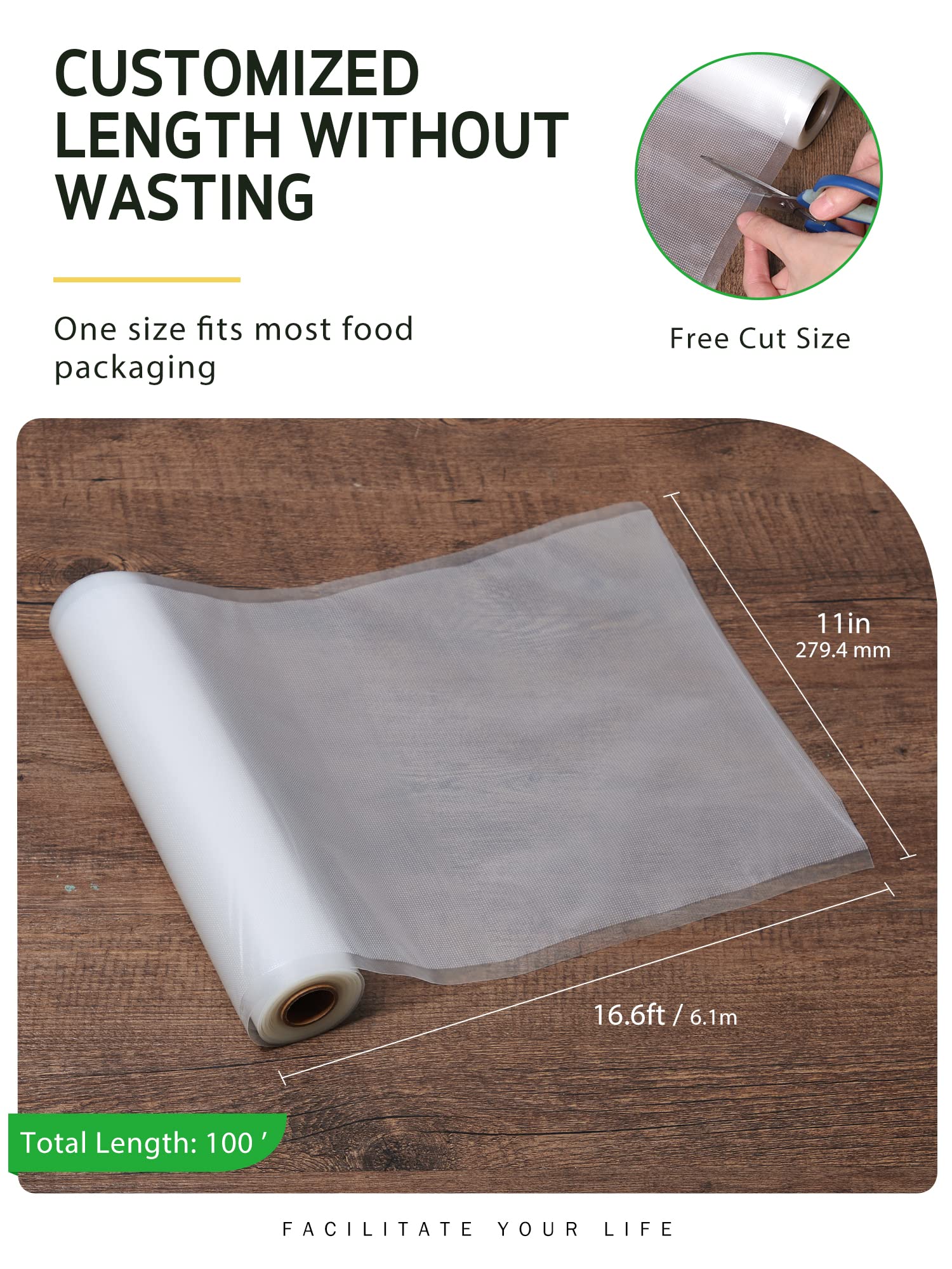 Syntus vacuum sealer bags demonstrate free-cut-size for custom lengths.