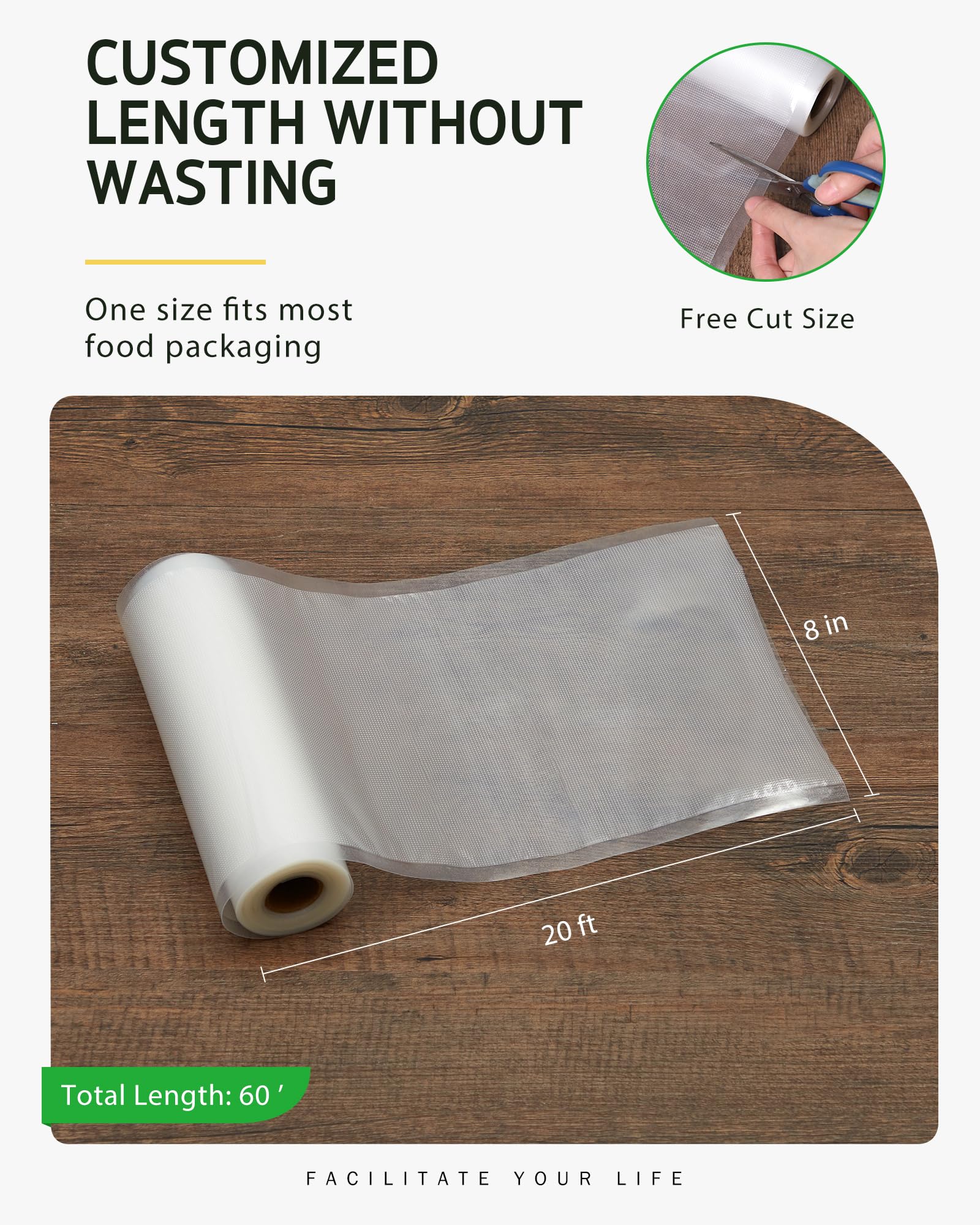 Syntus vacuum sealer bag roll 2 shows customizable length to prevent waste.
