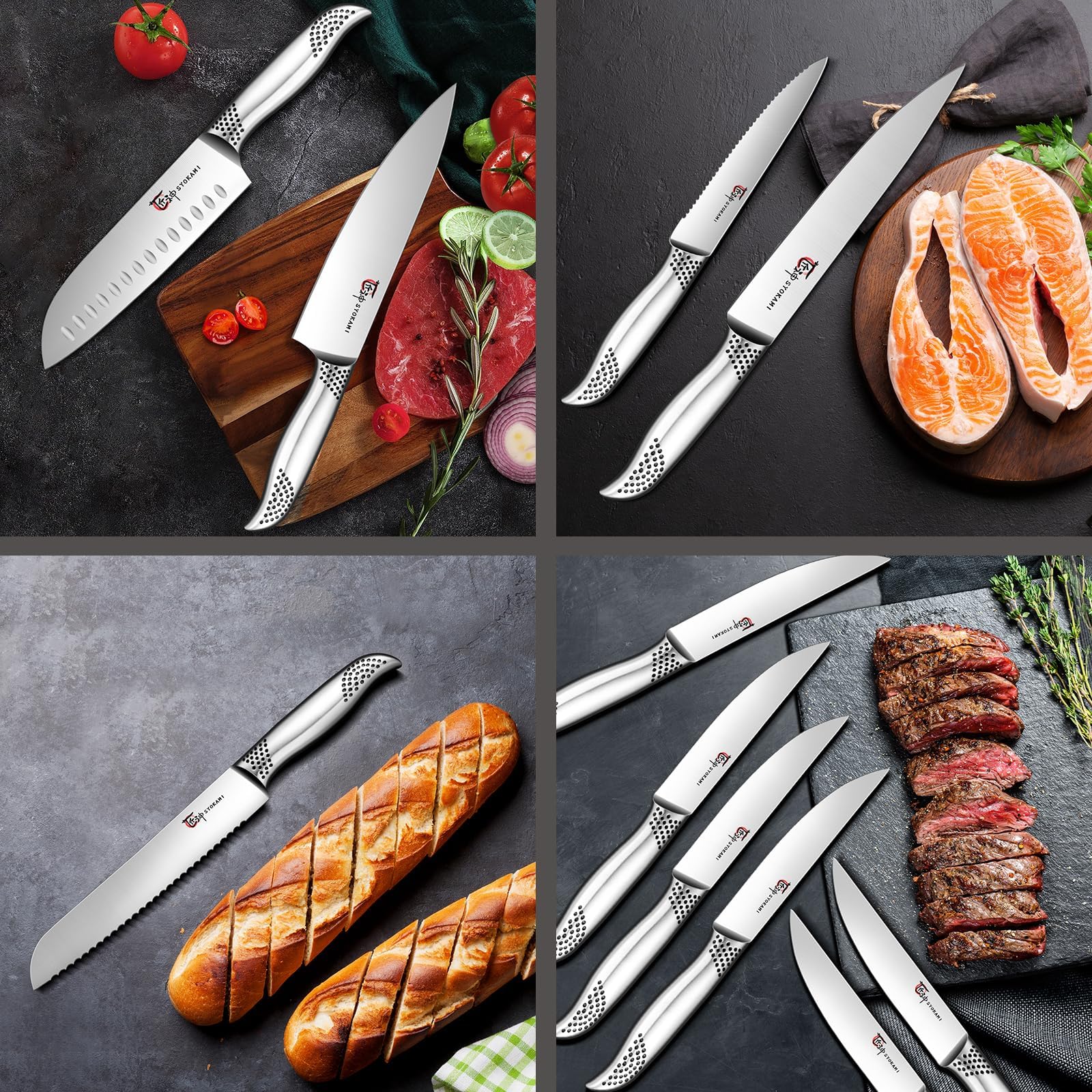 SYOKAMI 14-piece set with sharpener to maintain blade edge between uses.
