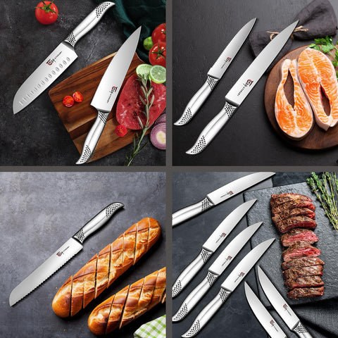 SYOKAMI 14-piece set with sharpener to maintain blade edge between uses.