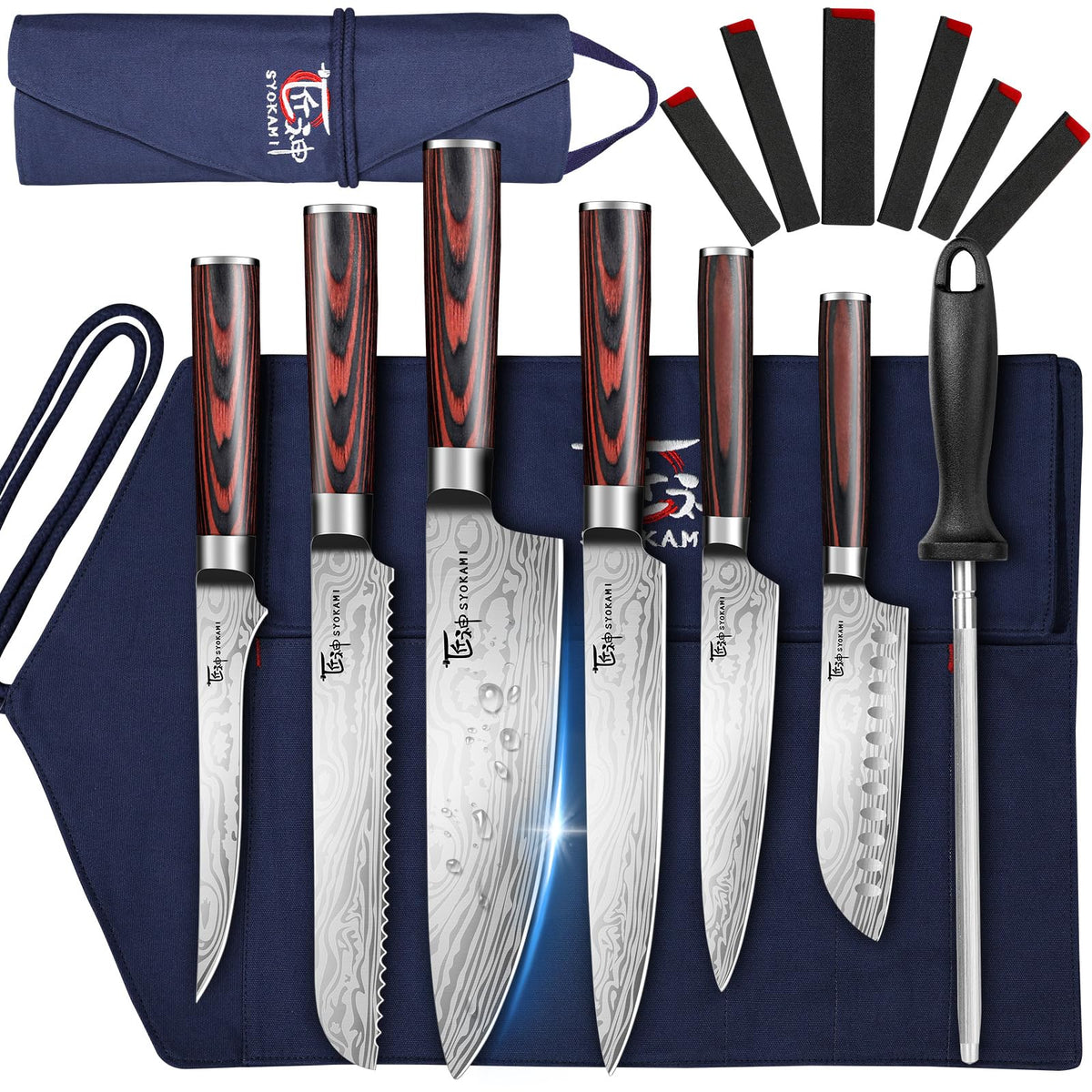 SYOKAMI 14-piece knife set in blue roll bag for safe transport