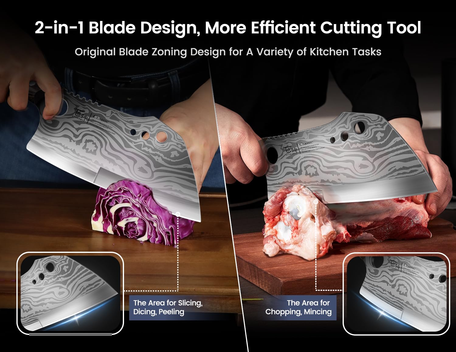 SYOKAMI 2-in-1 blade close-up shows 15-degree front and 30-degree back edges